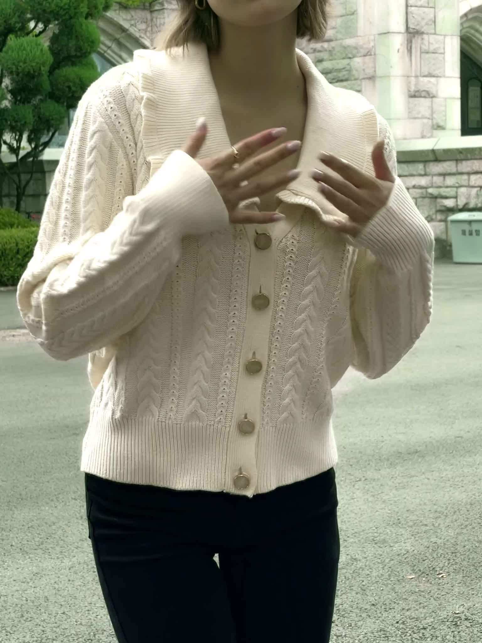 Ruffle-collar cable-knit cardigan :: LICHI - Online fashion store